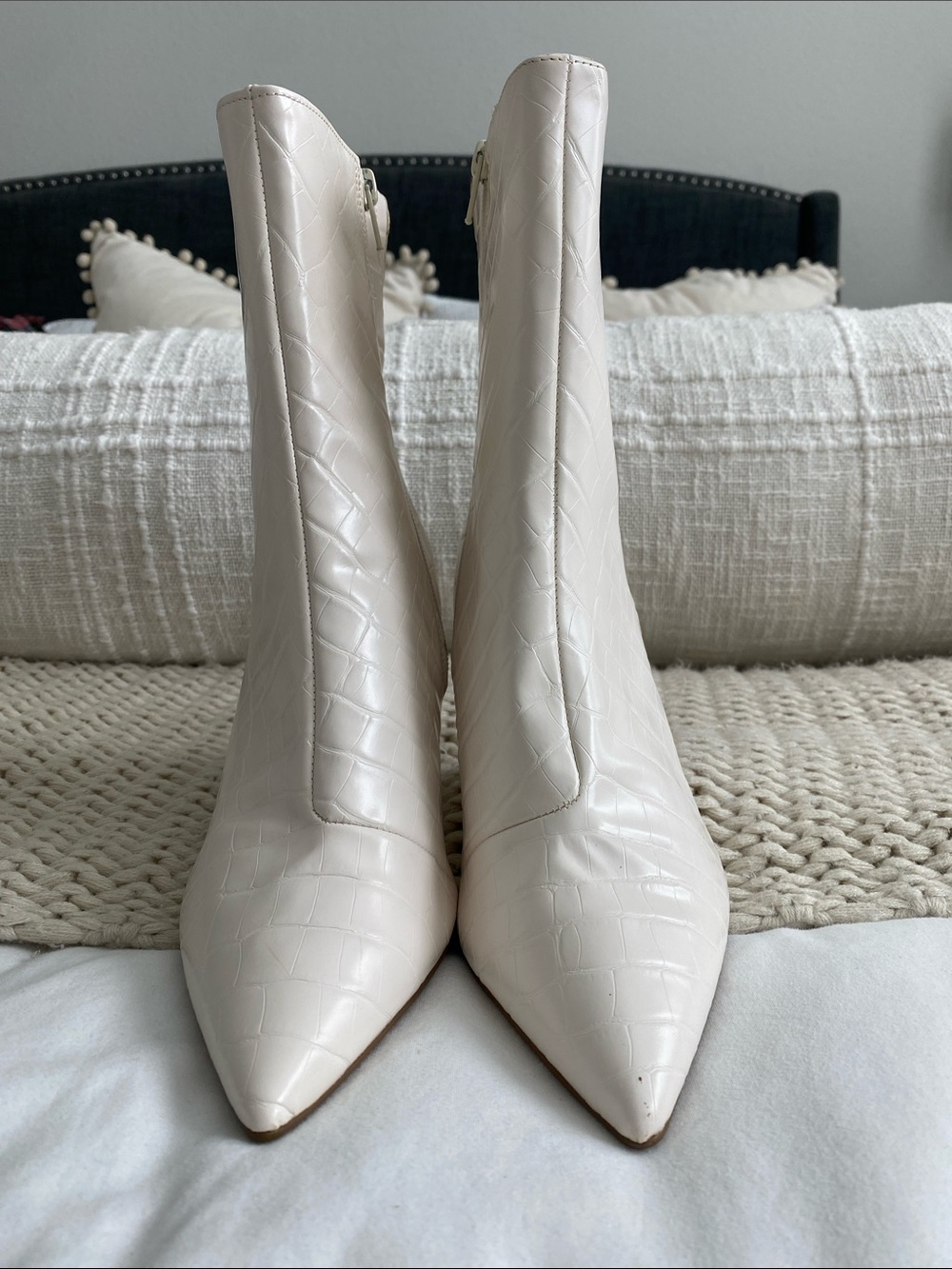 Express Cream Croc-Embossed Pointed Toe Ankle Boots